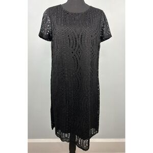 NWT J.CREW 4 Black Lace Short Sleeve Shift Dress Crew Neck Knee Length H5408